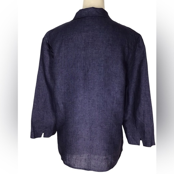 Finity Naturals Blue Linen 3/4 Sleeve Button Up Blouse Size Large NEW - Picture 3 of 6